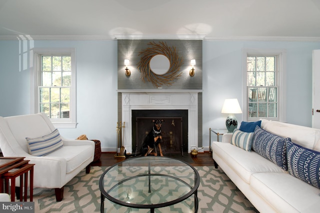 living room with a fireplace with flush hearth, wood finished floors, and ornamental molding