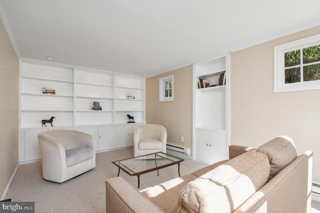 living area featuring ornamental molding, baseboards, baseboard heating, and light carpet