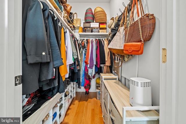 walk in closet with light wood finished floors