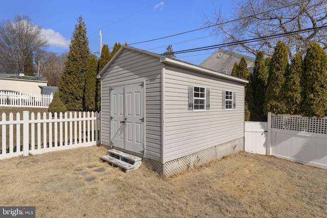 view of shed with a fenced backyard