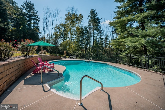 view of swimming pool featuring a patio area, a fenced in pool, and fence