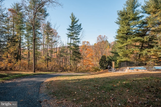 view of yard with a fenced in pool and a wooded view