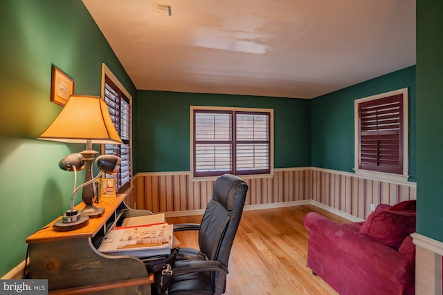 office featuring a wainscoted wall and wood finished floors