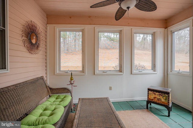 sunroom featuring ceiling fan