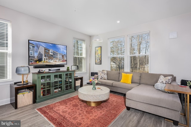 living area featuring recessed lighting, baseboards, and wood finished floors