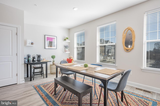 dining room with light wood-style floors, baseboards, and visible vents