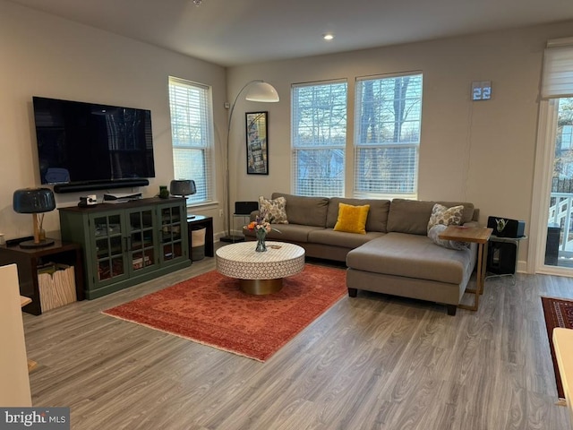 living area with baseboards and wood finished floors