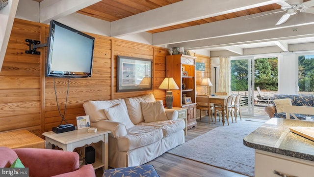 living area with beamed ceiling, wooden ceiling, and light wood-style flooring