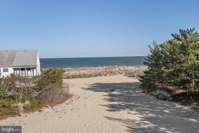 property view of water featuring a beach view