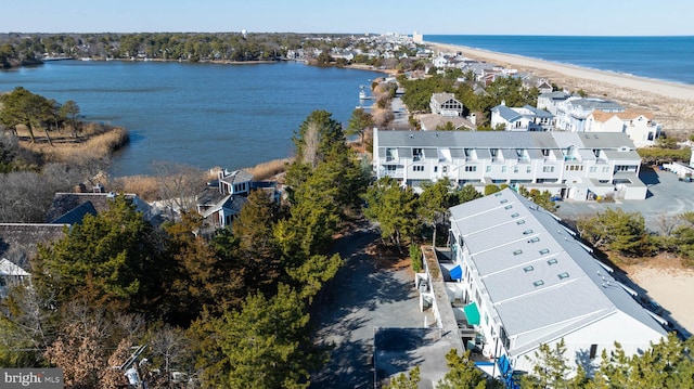 drone / aerial view featuring a water view and a view of the beach