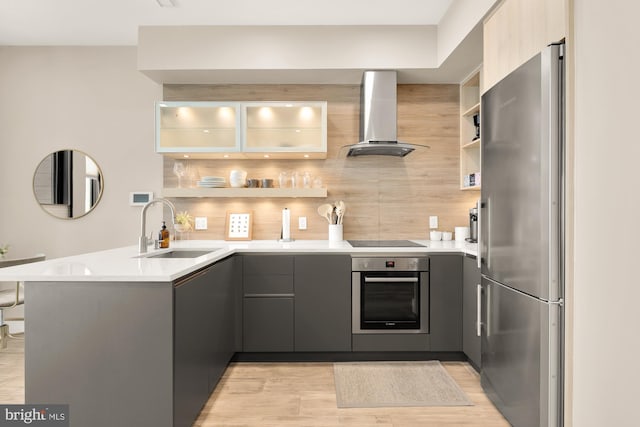 kitchen with stainless steel appliances, wall chimney range hood, gray cabinets, sink, and kitchen peninsula