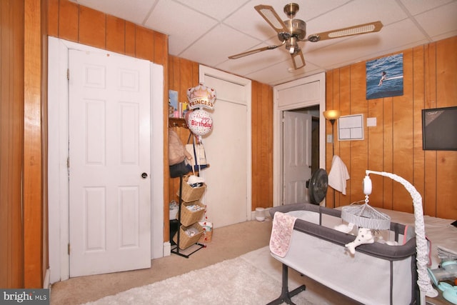15 N 10th St, Lebanon, PA 17046 - interior space with carpet, a drop ceiling, ceiling fan, and wooden walls