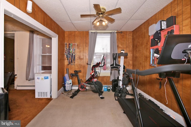 15 N 10th St, Lebanon, PA 17046 - exercise room featuring carpet, wood walls, and ceiling fan