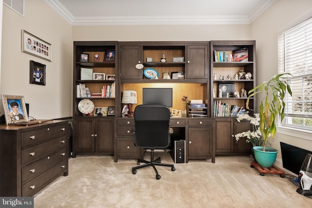 office with light carpet, visible vents, and crown molding