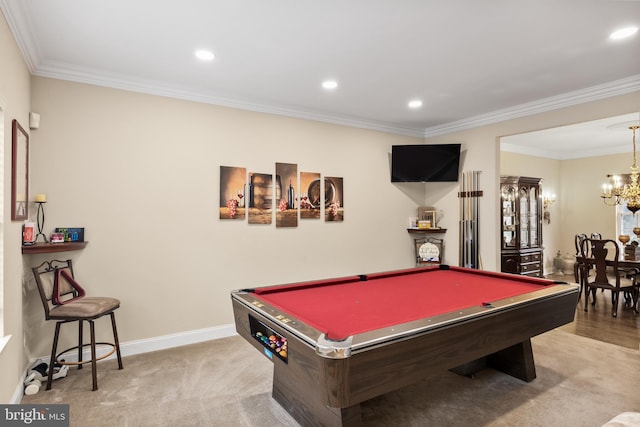 playroom featuring a chandelier, recessed lighting, carpet flooring, and crown molding