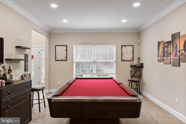 game room featuring baseboards, recessed lighting, carpet, and crown molding