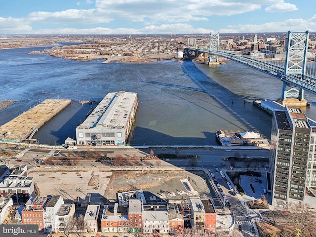 aerial view featuring a water view and a view of city