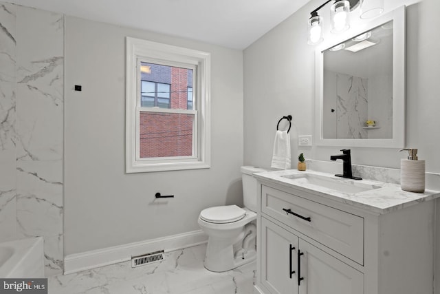 bathroom featuring visible vents, toilet, marble finish floor, baseboards, and vanity