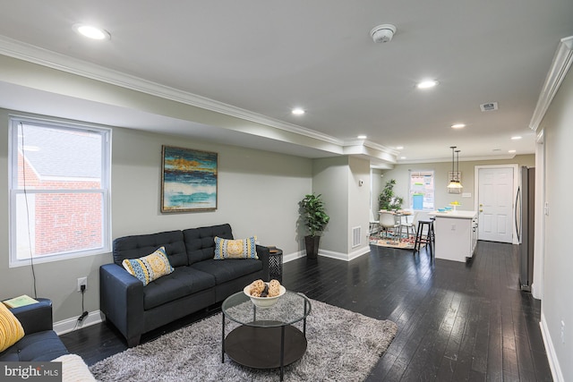 living room with crown molding and dark hardwood / wood-style flooring