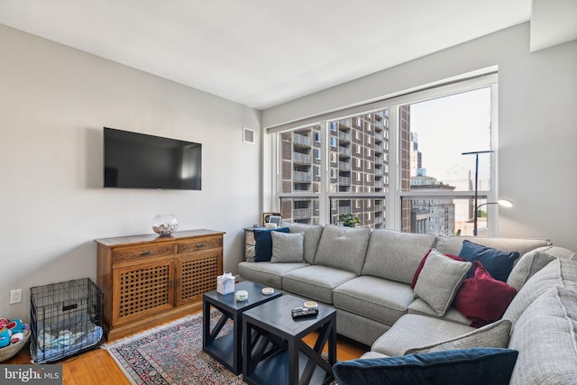 living area featuring visible vents and wood finished floors