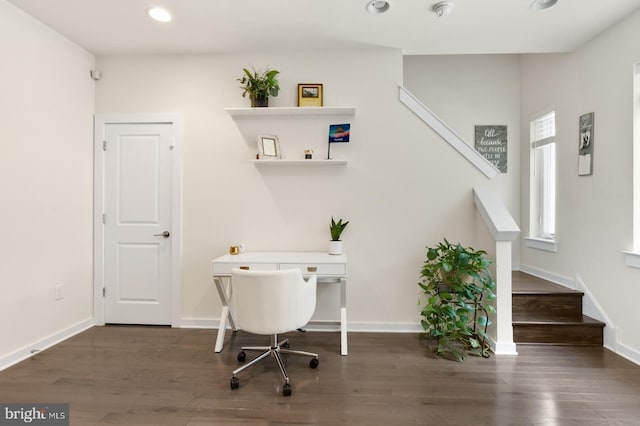 office with recessed lighting, wood finished floors, and baseboards