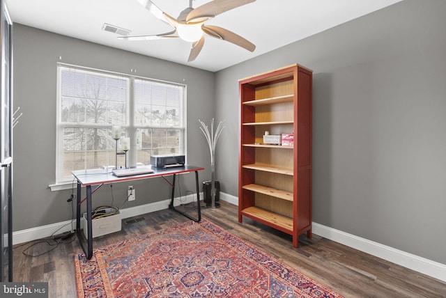 home office featuring dark wood-style floors and baseboards