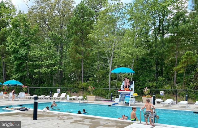 view of swimming pool featuring a patio area