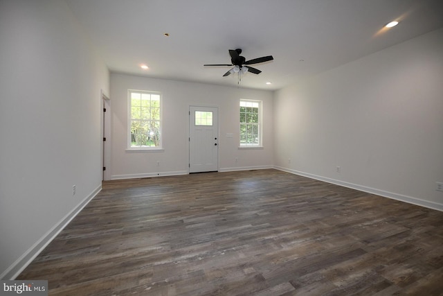 entrance foyer with a ceiling fan, baseboards, recessed lighting, and dark wood-style floors