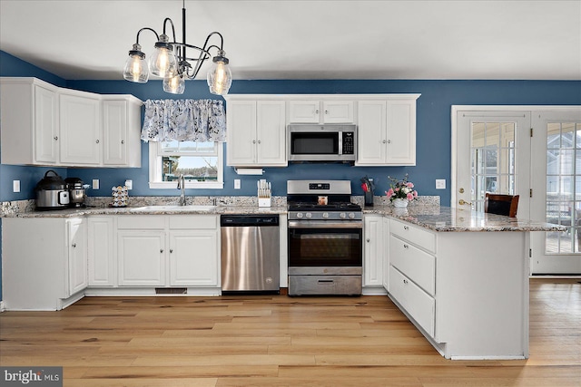 kitchen featuring a sink, appliances with stainless steel finishes, a peninsula, and white cabinets