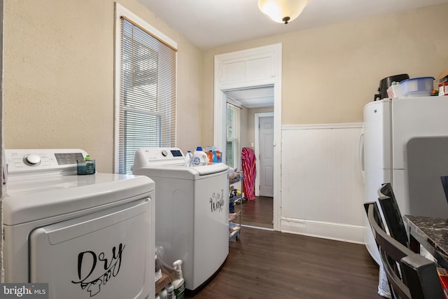 washroom featuring laundry area, dark wood-type flooring, and washing machine and clothes dryer