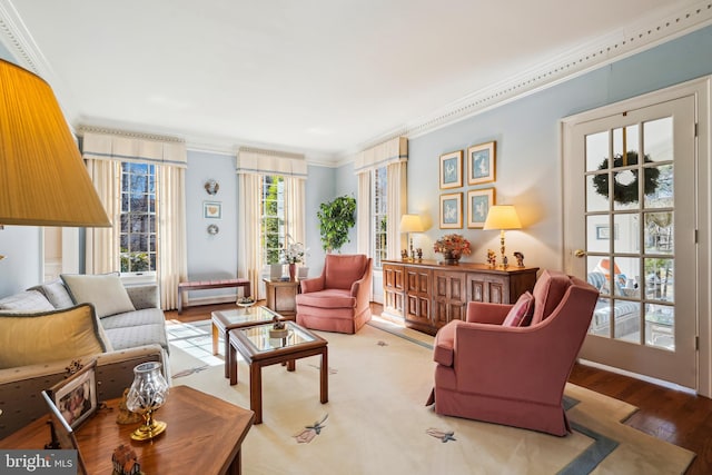 living area featuring wood finished floors and crown molding