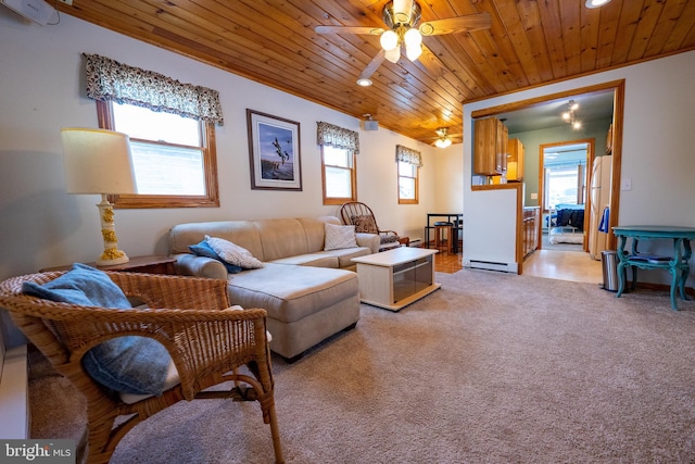 living room with a baseboard radiator, light carpet, a healthy amount of sunlight, and wood ceiling