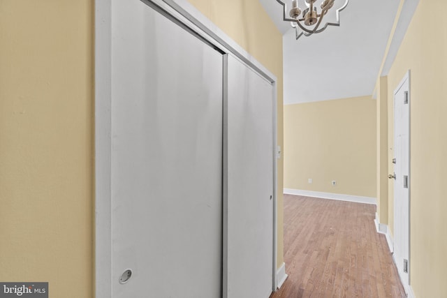 hallway with a notable chandelier and light hardwood / wood-style flooring