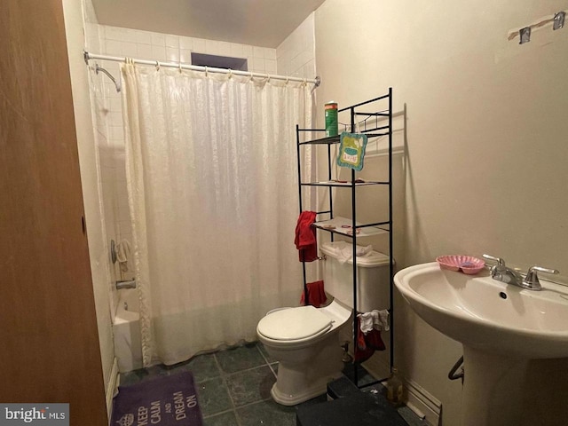 full bathroom featuring toilet, shower / tub combo, and tile patterned flooring