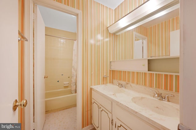 10628 Democracy Ln, Potomac, MD 20854 - bathroom with wallpapered walls, double vanity, shower / bath combo with shower curtain, and tile patterned floors