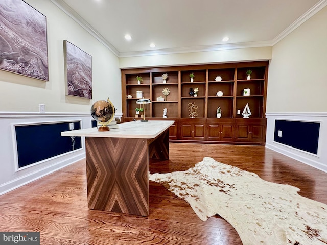 office with crown molding, wood finished floors, and recessed lighting