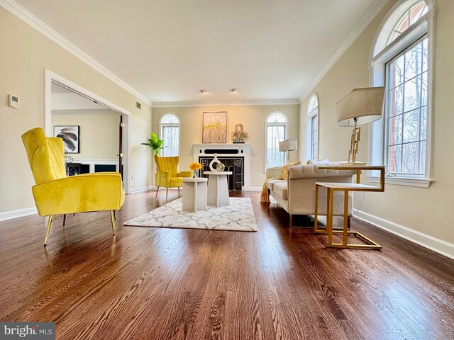 living area featuring baseboards, a fireplace, wood finished floors, and crown molding