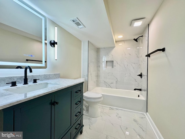 full bathroom with toilet, vanity, visible vents, marble finish floor, and  shower combination