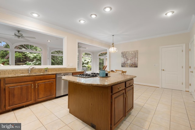 10928 Woodland Falls Dr, Great Falls, VA 22066 - kitchen featuring dishwasher, a ceiling fan, a sink, brown cabinets, and light tile patterned floors