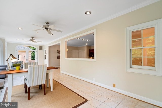 10928 Woodland Falls Dr, Great Falls, VA 22066 - dining space with light tile patterned floors, ornamental molding, recessed lighting, baseboards, and a ceiling fan