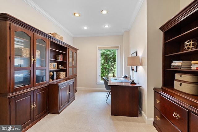 10928 Woodland Falls Dr, Great Falls, VA 22066 - office with light carpet, baseboards, recessed lighting, and crown molding