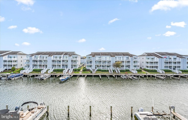 view of water feature with a dock