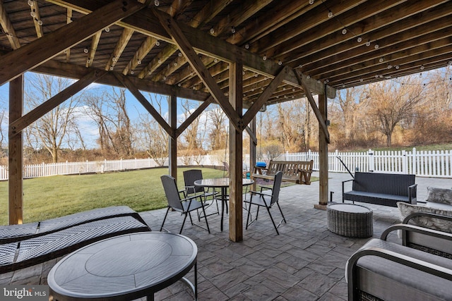 view of patio with outdoor lounge area, outdoor dining area, and a fenced backyard