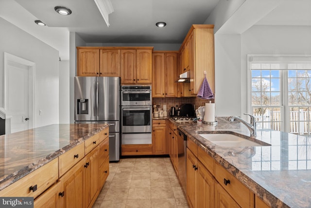 kitchen with a sink, under cabinet range hood, stainless steel appliances, dark stone counters, and decorative backsplash