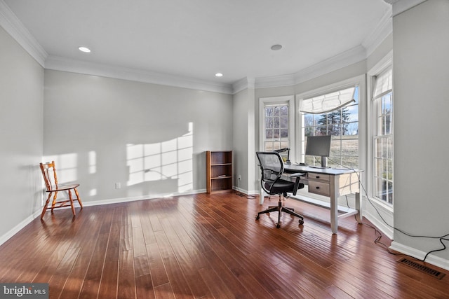 office with baseboards, visible vents, dark wood finished floors, recessed lighting, and crown molding