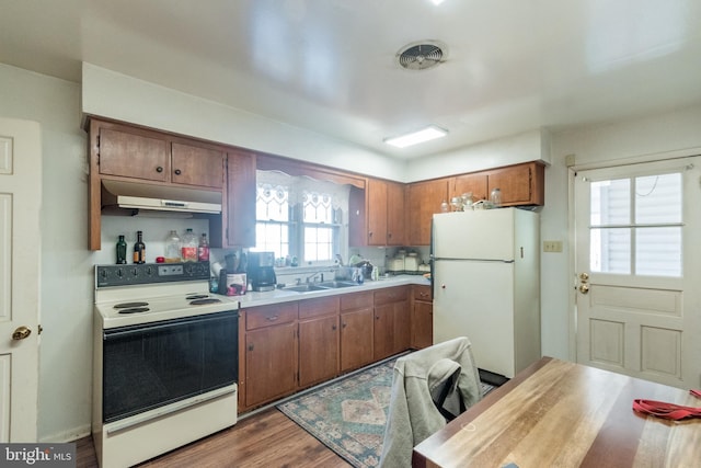 kitchen featuring white appliances, light hardwood / wood-style floors, and sink