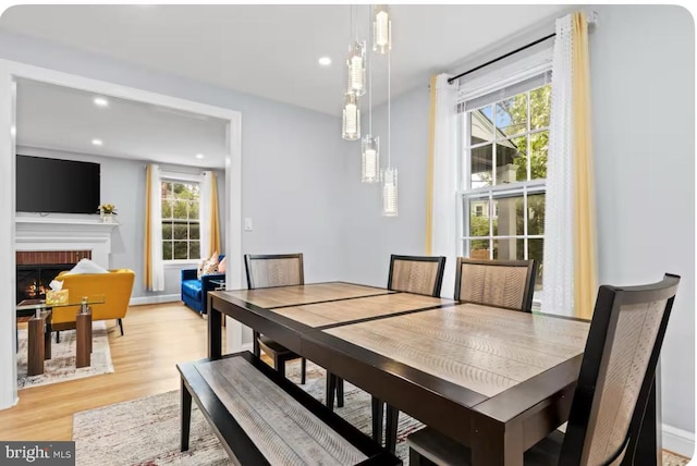 dining area with a fireplace and light wood-type flooring