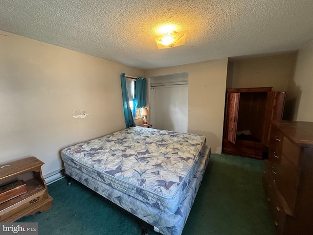 carpeted bedroom featuring a closet and a textured ceiling