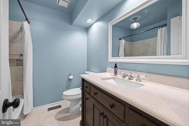 full bathroom featuring toilet, vanity, and shower / bathtub combination with curtain