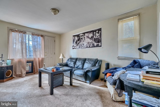 living room featuring light carpet